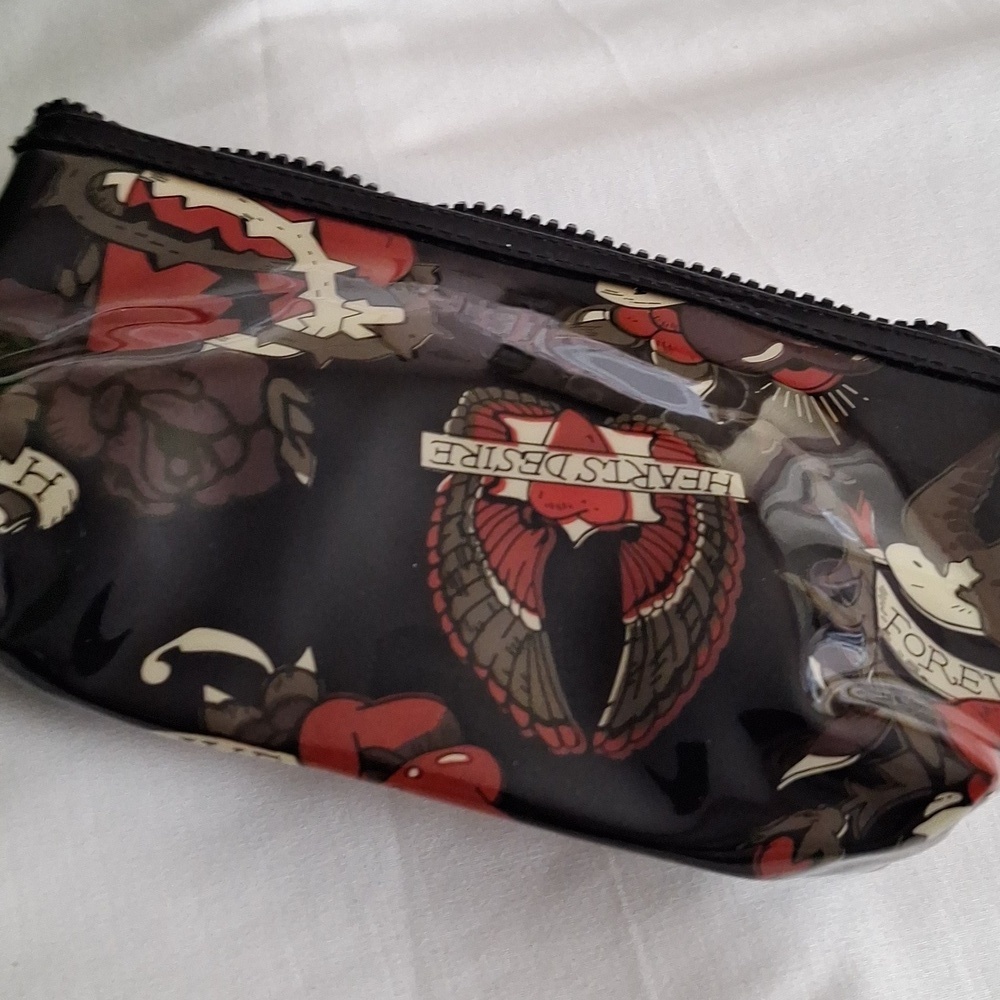 Black Tattoo Print Vinyl Cosmetic Pouch with Heart Charm